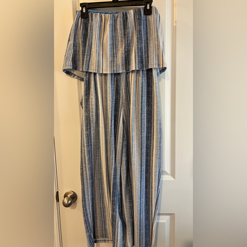 BeBop Blue and White Striped Wide-Leg Jumpsuit